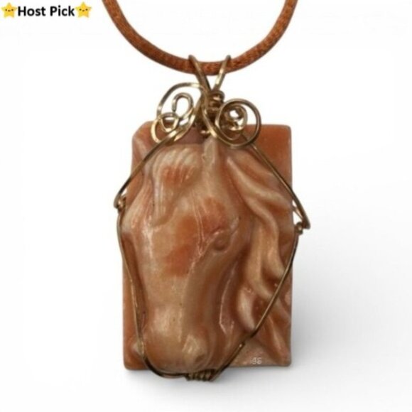 Source Unknown Jewelry - Vintage Hand-Carved & Wire-Wrapped Red Jasper Stone Horse Head Pendant Necklace